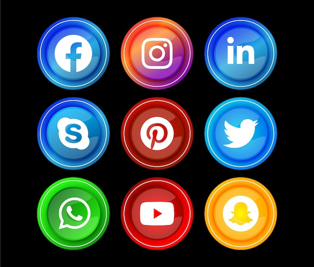 Ícones de botões redondos modernos de gradiente de mídia social populares
