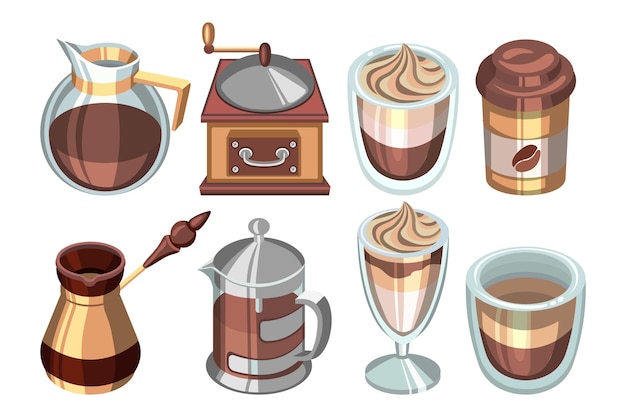 Ícones de café conjunto copos de vidro de cafeteira turca com jarro de café moedor de café ícones de bebida