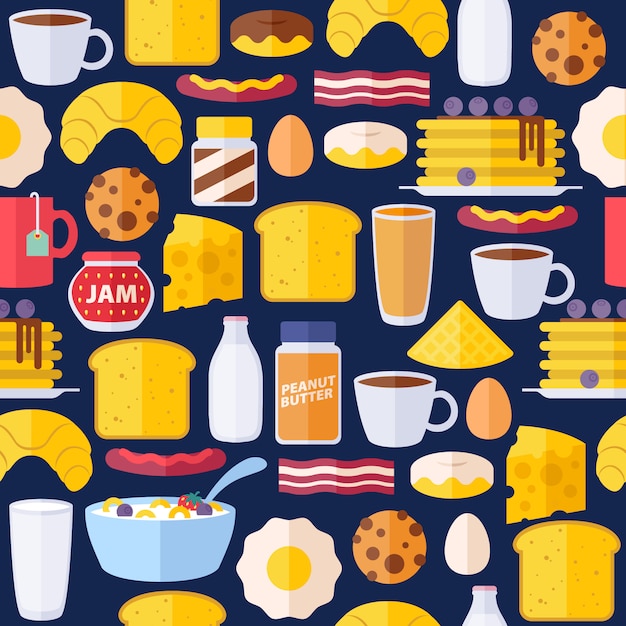Ícones de café da manhã sem costura padrão colorido.