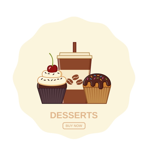Ícones de café e cupcakes. ilustração.