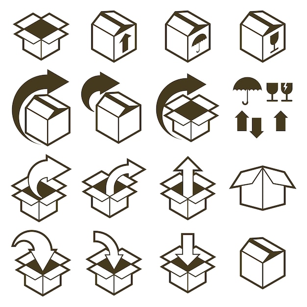 Ícones de caixas de embalagem isolados no conjunto de vetores de fundo branco, embalar coleções de vetores de símbolos simplistas.