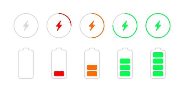 Ícones de carregamento de bateria ícones planas de cores relâmpagos ícones de carga de bateria diferentes ícones vetoriais