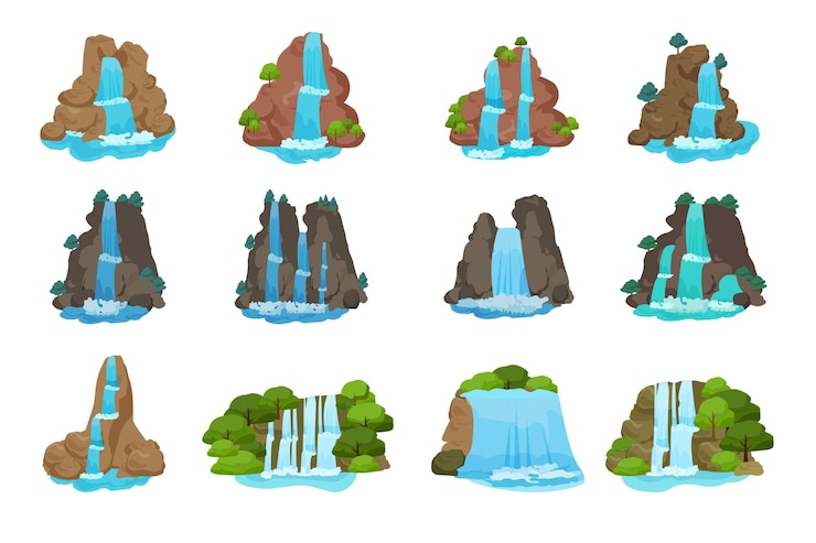 Vetor ícones de cascata definem vetor de desenho animado caída de estágio água da natureza