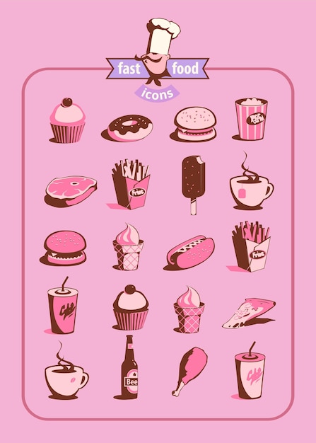 Ícones de comida e bebida definidos em estilo retro. ilustração vetorial