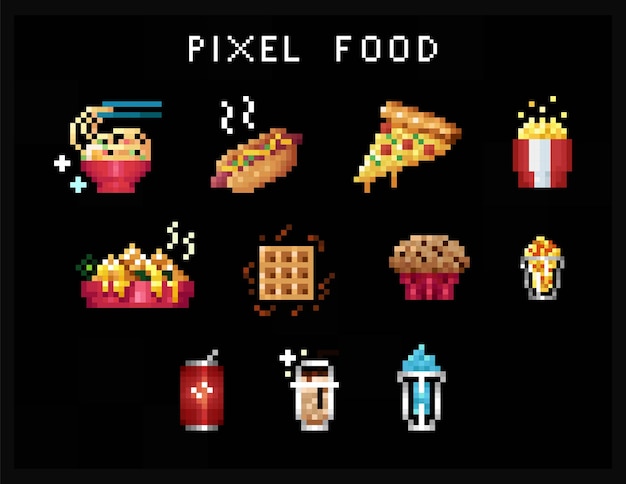 Vetor Ícones de comida pixel art