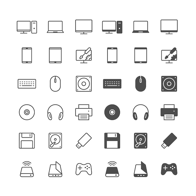 Ícones de computador incluídos no estado normal e habilitado