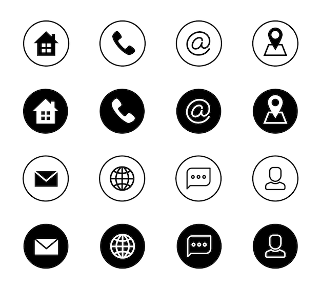 Ícones de contato localização telefone cliente endereço de correio internet site social vetor pictograma definir sinais de comunicação de contato de correio e ilustração de sinal de telefone