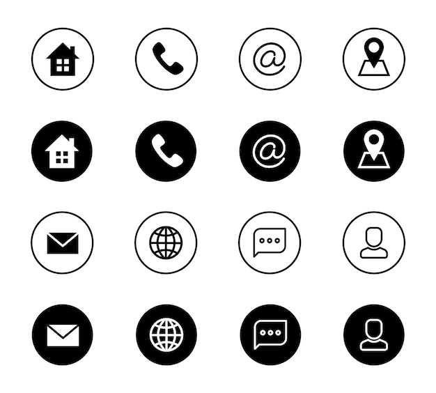 Vetor Ícones de contato localização telefone cliente endereço de correio internet site social vetor pictograma definir sinais de comunicação de contato de correio e ilustração de sinal de telefone