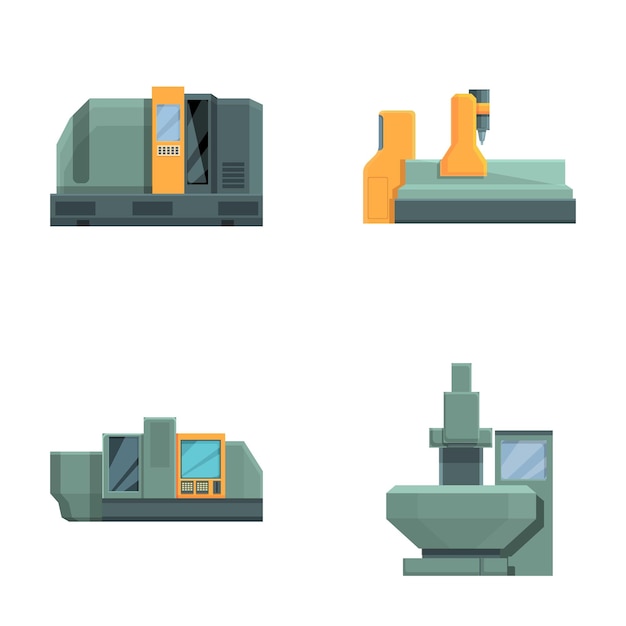 Vetor icones de controlador de moinho set de vetor de desenho animado máquina de moagem controlada por computador