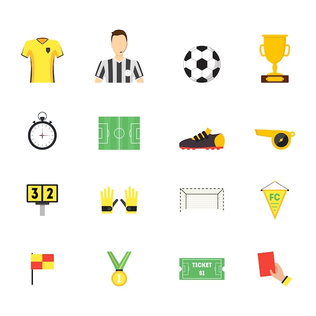 Ícones de cor de jogo de esporte de futebol dos desenhos animados definir elementos e equipamentos profissionais de futebol. ilustração vetorial