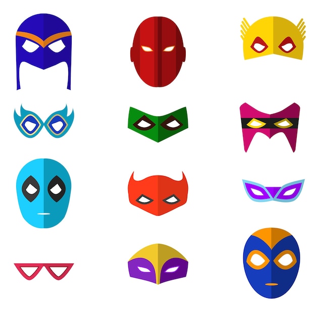 Vetor Ícones de cor de máscara de super-herói dos desenhos animados definir design de estilo simples para festa de celebração ou ilustração vetorial de férias do elemento de traje heróico