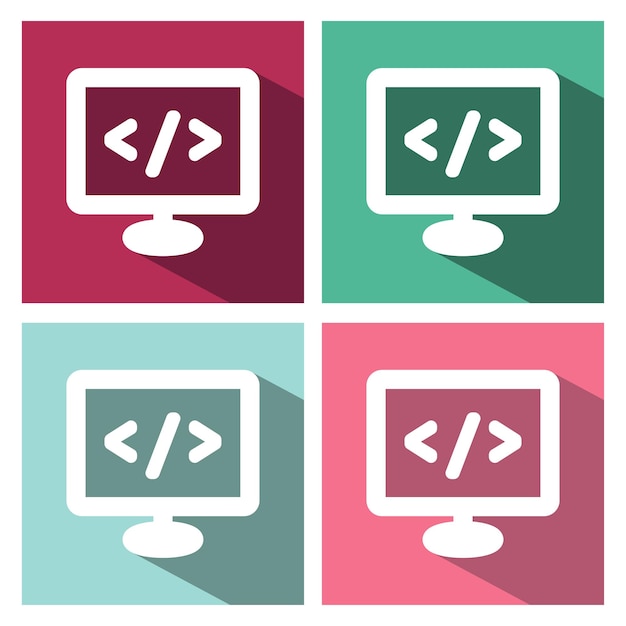 Ícones de cores da janela de código nos botões monitor long shadow