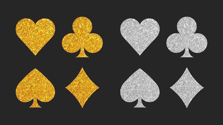 Vetor ícones de cores de cartas douradas e prateadas vector clubes diamantes corações espadas casino poker símbolos de jogo
