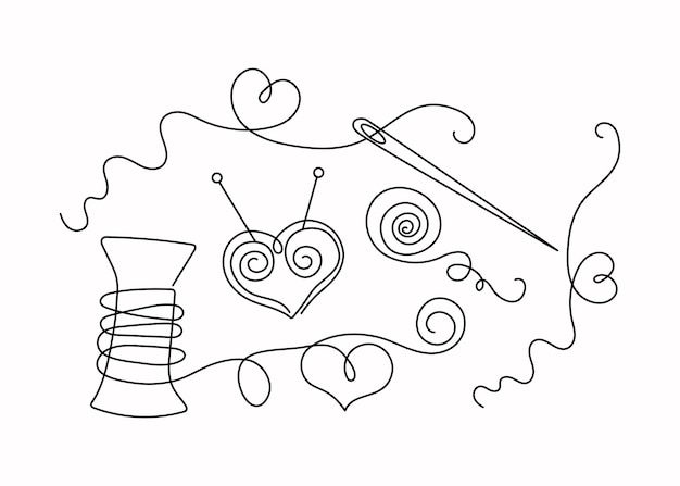 Vetor icones de costura hobbys de tricô fios agulha na forma de coração arte de linha de desenho de contorno