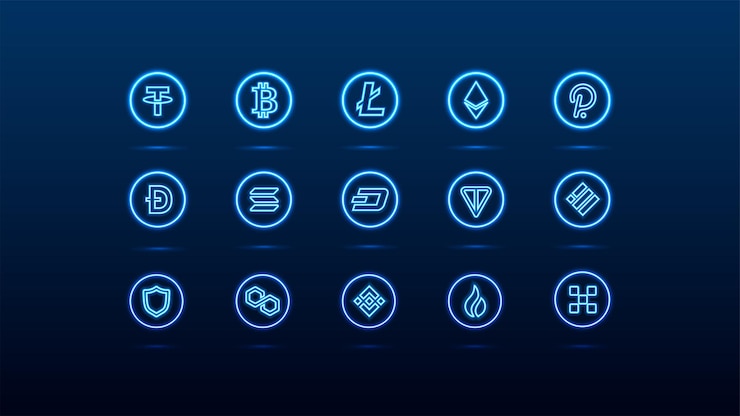 Vetor ícones de criptomoeda azul neon brilhantes em um fundo azul escuro um conjunto de logotipos de criptomoedas em um contorno redondo e brilhante