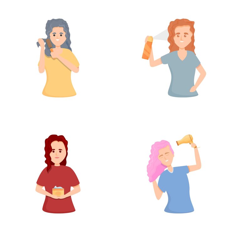 Vetor ícones de cuidados com o cabelo set vetor de desenho animado mulher cuidar de seu cabelo