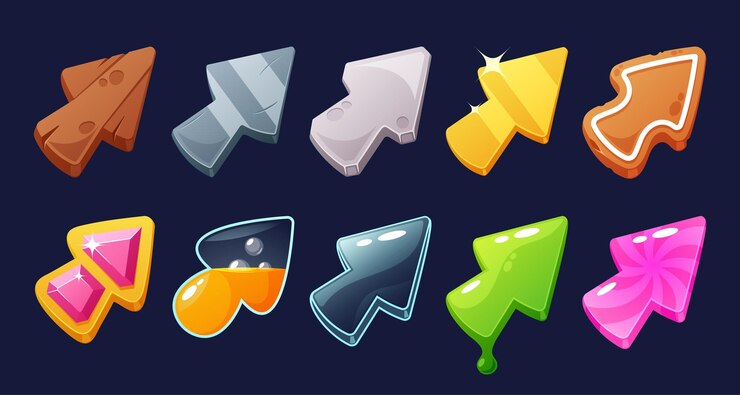 Vetor ícones de cursor de jogo apresentando designs elegantes e modernos ponteiros engraçados de gosma verde líquido e texturas de vidro elementos da web que aprimoram a navegação do usuário ilustração em vetor de desenho animado