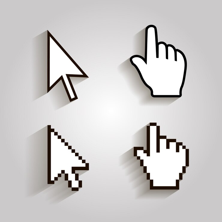 Vetor ícones de cursores de pixel mouse seta de mão.