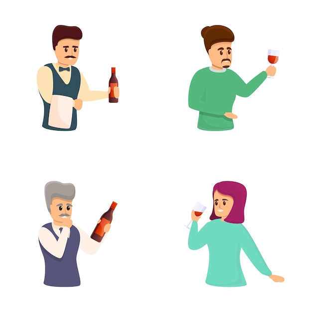 Vetor Ícones de degustação de vinho set vetor de desenho animado pessoas segurando garrafa e copo de vinho