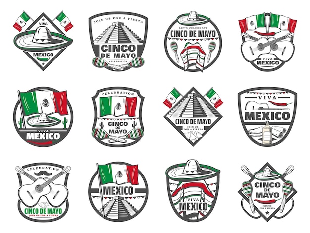 Ícones de desenho retrô do vetor mexicano cinco de mayo