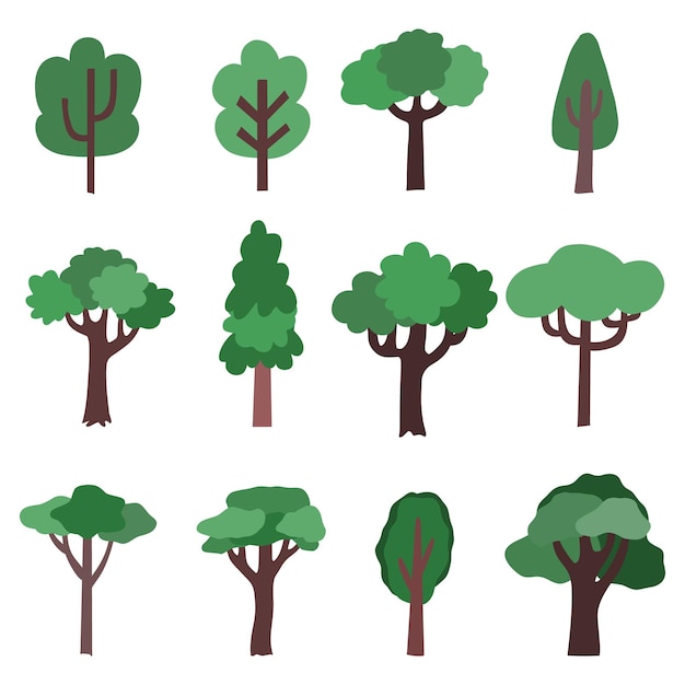 Ícones de desenhos animados de árvores Ícones de sihouette de floresta Coleção de árvores vetoriais