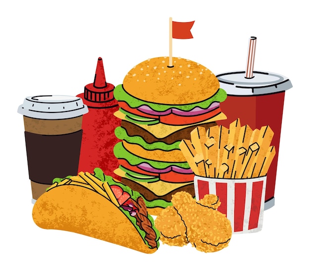Vetor Ícones de desenhos animados de fast food em estilo plano simples ilustração de comida calórica de rua