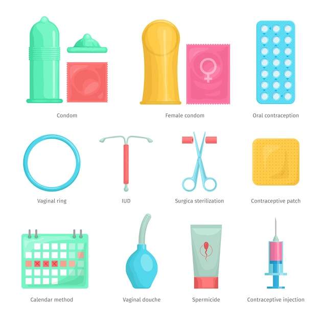 Vetor Ícones de desenhos animados de métodos de contracepção