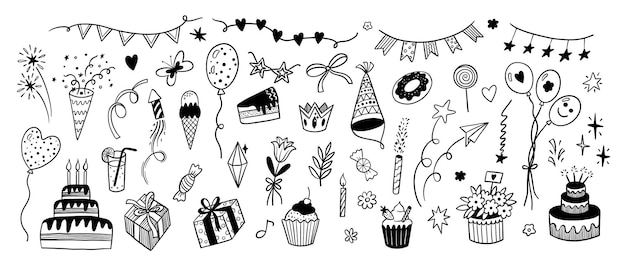 Ícones de doodle de aniversário Elementos de esboço preto de desenho animado para cartão de convite de festa infantil Linha bonita Balões presentes velas de bolo Contorno vetorial