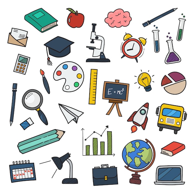 Ícones de educação doodle cor mão desenhada ilustração vetorial
