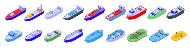 Ícones de embarcações de pesca conjunto de vetor isométrico costa de água do mar