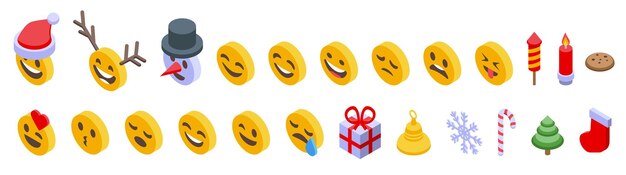Ícones de emoticons de natal conjunto de vetores isométricos rosto de papai noel