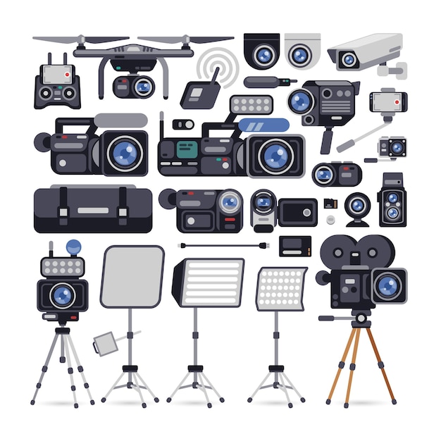 Ícones de equipamento cinegrafista em estilo simples