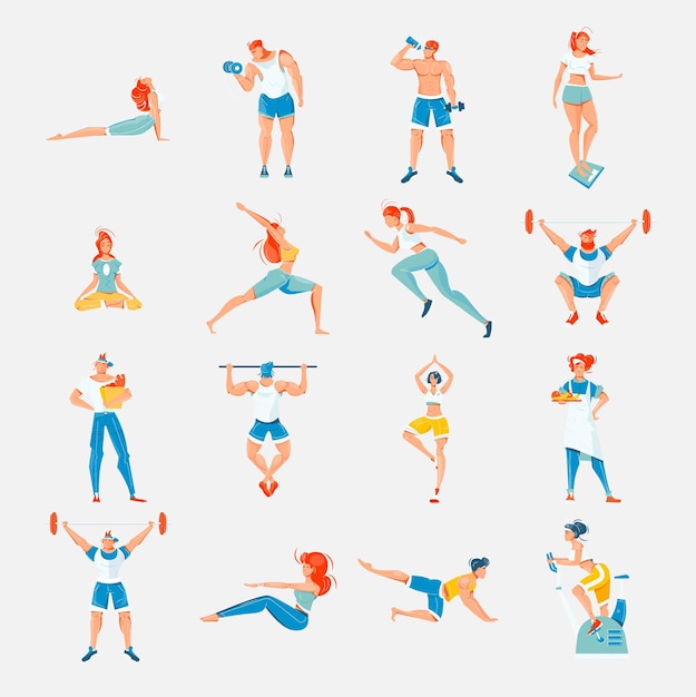 Ícones de estilo de vida saudável definidos com símbolos de fitness ilustração vetorial plana isolada