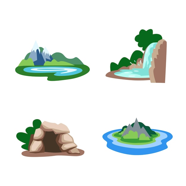 Ícones de estilo plano de caverna e cachoeira de ilha de lago e montanhas Sinais para aplicativos de mapa