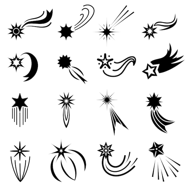 Ícones de estrelas cadentes planas, designs de logotipo de cometa. Estrela mágica cai com trilha de brilho. Meteoro de galáxia abstrata com cauda. Conjunto de vetores de estrela cadente