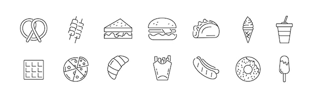 Ícones de fast food Set de comida de rua Ilustrações vetoriais