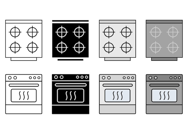 Ícones de fogão e forno para web e sinais de embalagem de superfície símbolos de instrução design plano
