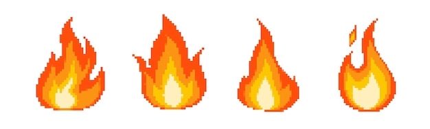 Ícones de fogo de jogo retro de 8 bits ícones vetoriais de chama de pixel