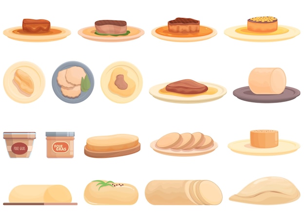 Ícones de foie gras definir vetor de desenho animado. comida francesa. patê de fígado