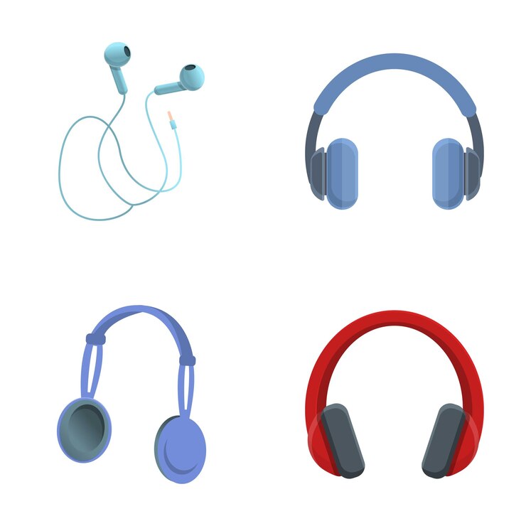 Vetor ícones de fones de ouvido set de vetor de desenho animado gadget estéreo com fio e sem fio