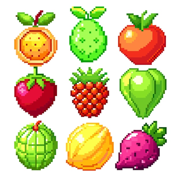 Ícones de frutas e legumes pixel art em branco