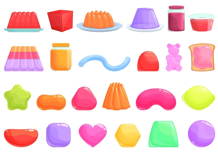 Vetor ícones de geléia definir vetor de desenho animado. sobremesa de confeitaria