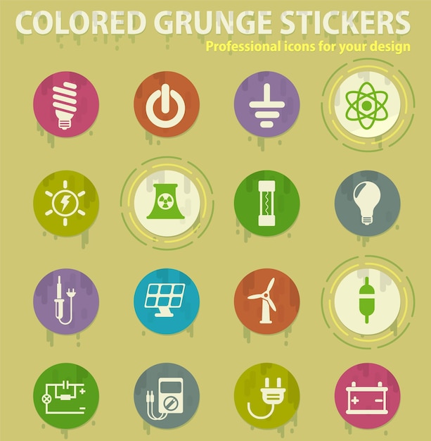 Ícones de grunge coloridos de eletricidade