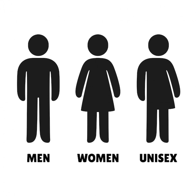 Ícones de homem, mulher e unisex. sinais de banheiro em estilo arredondado simples.