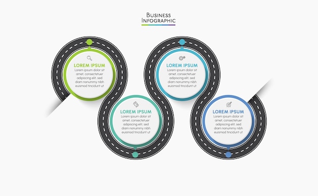 Ícones de infográfico de cronograma de roteiro de negócios projetados para modelo de fundo abstrato