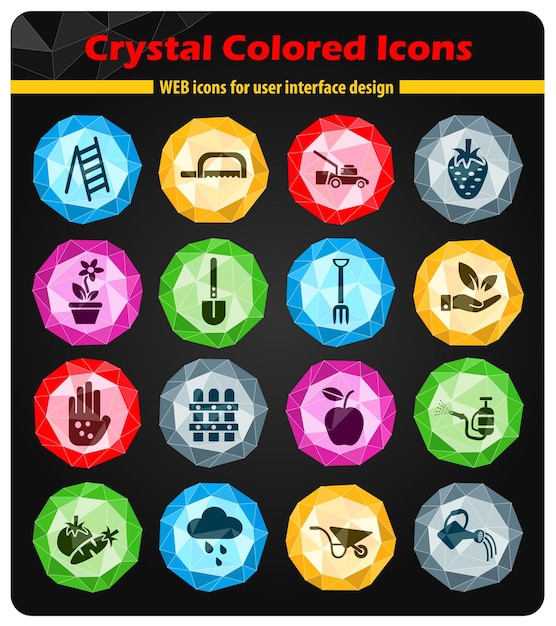 Ícones de jardinagem em cristais de botões coloridos