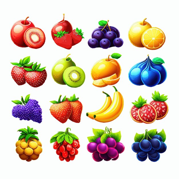 Vetor Ícones de jogos de frutas para loterias de jogos de caça-níqueis de cassino ou elementos de interface do usuário de quebra-cabeça móvel isolados no fundo ilustração vetorial dos desenhos animados