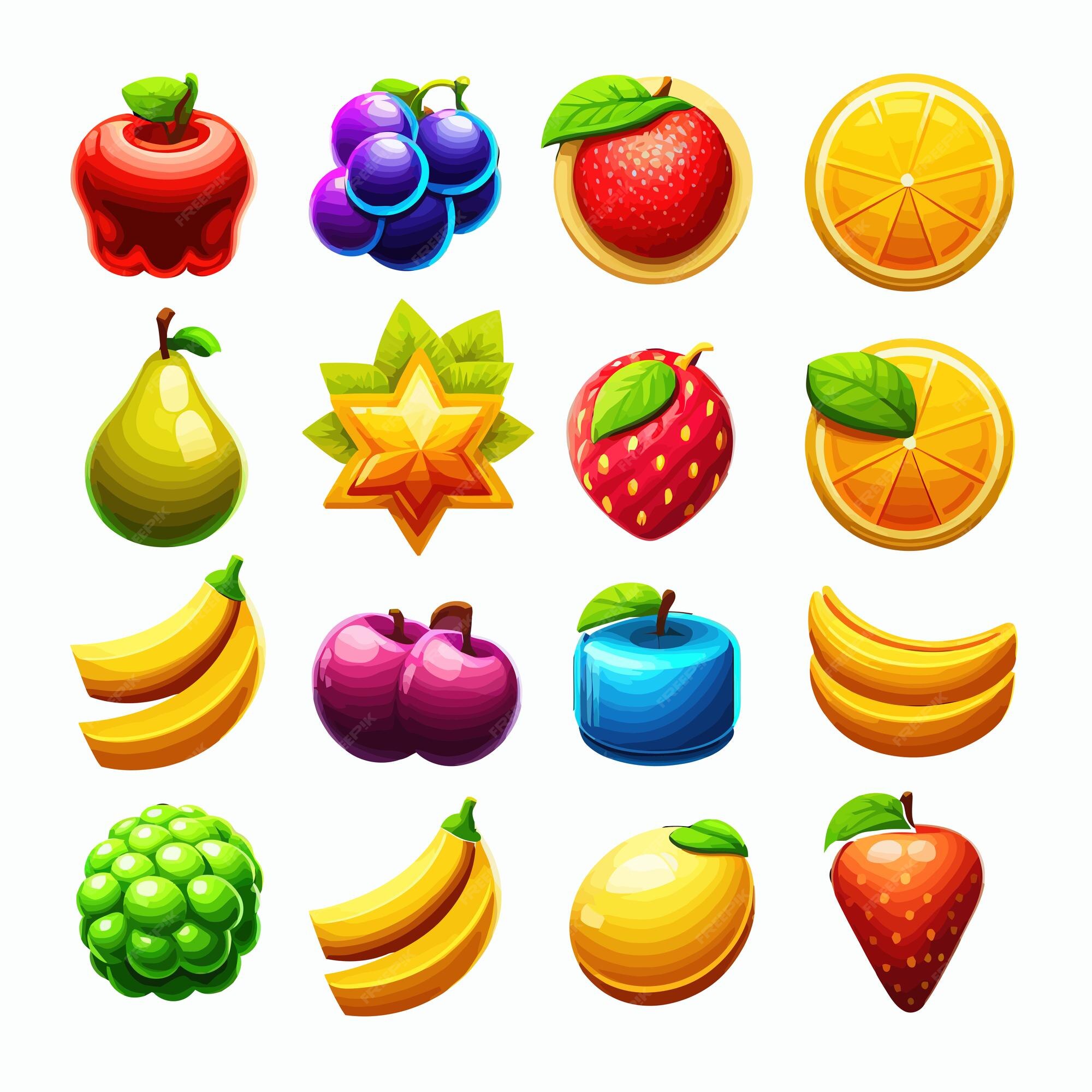 Fruta de jogo móvel ui isolada com ilustração de listras brancas para  caça-níqueis maçã laranja melancia e quebra-cabeça de uvas conjunto  brilhante com coleção de interface de aplicativo png de listras verticais