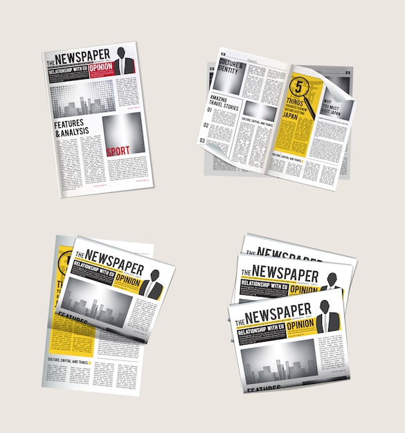 Ícones de jornais. Coleção de jornalista de leitura de notícias diárias com símbolos de vetor de tablóide de manchetes de jornal