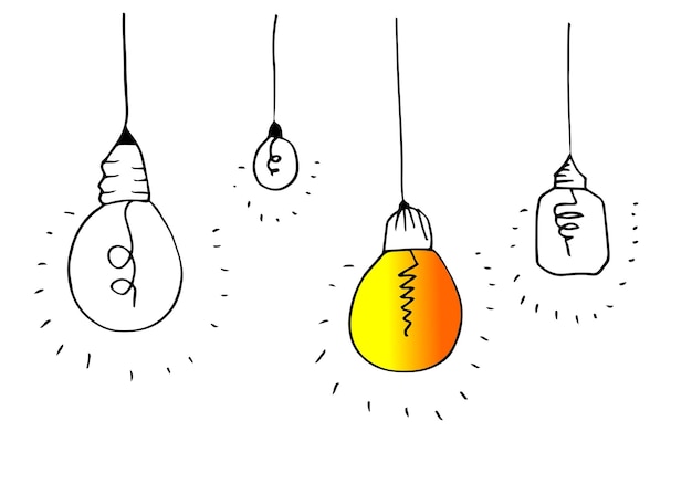 Ícones de lâmpada desenhados à mão com conceito de ideia Ilustração vetorial de estilo Doodle